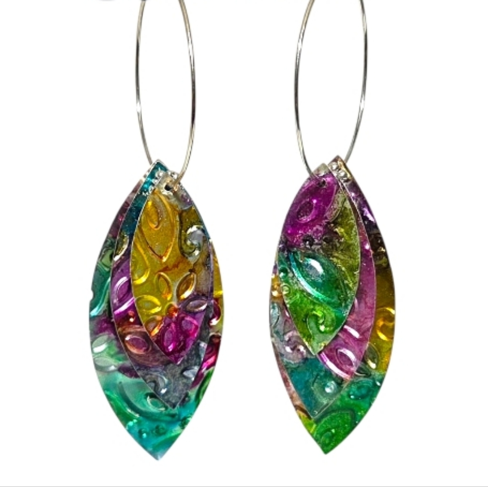 Recycled Colorful Leaf Drop Earrings, Spring Dangle Earrings, Upcycled